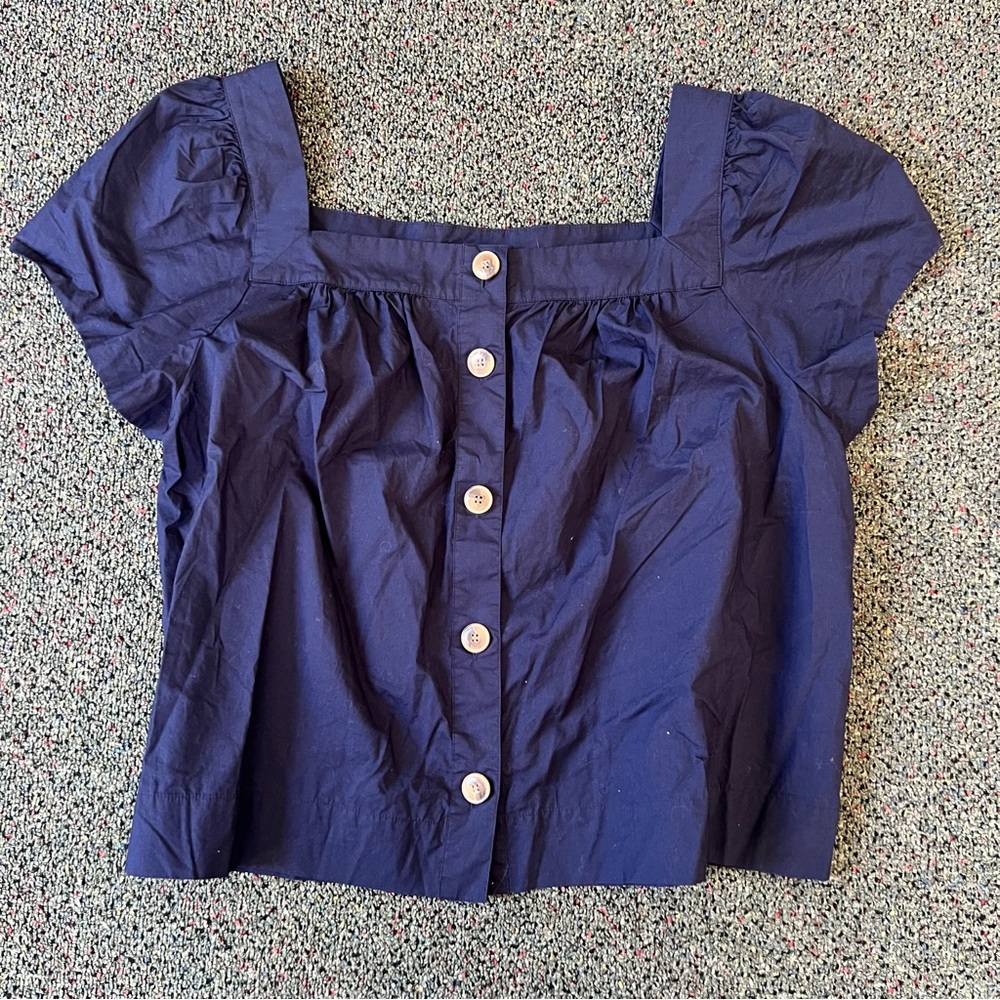 J CREW Navy Blue 100% Cotton Square-Neck Button Puff Cap Sleeve Poplin Blouse XL - Picture 13 of 16